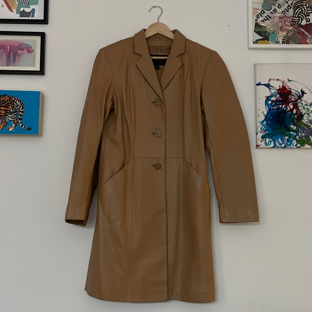 Vintage 90’s Wilson’s long leather blazer trench camel tan coat sz S